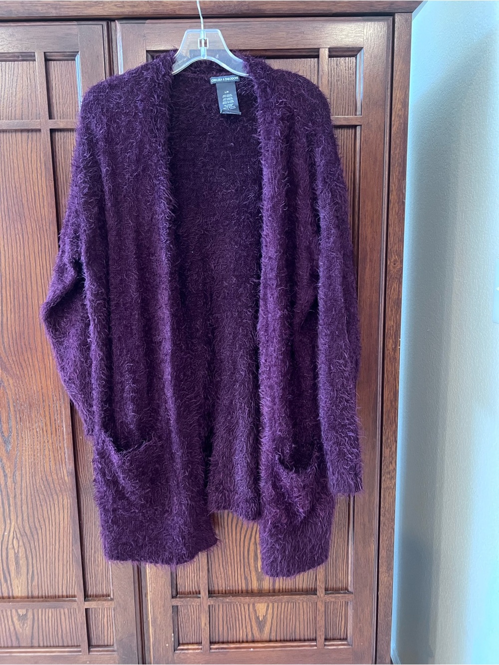 Chelsea & Theodore Burgundy Fuzzy Plush Cardigan Sweater Eyelash Knit Open Front